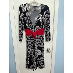 Y2K Vintage Dress Size 8 Black Floral Tie Belt Faux Wrap 3/4 Sleeve Office Siren